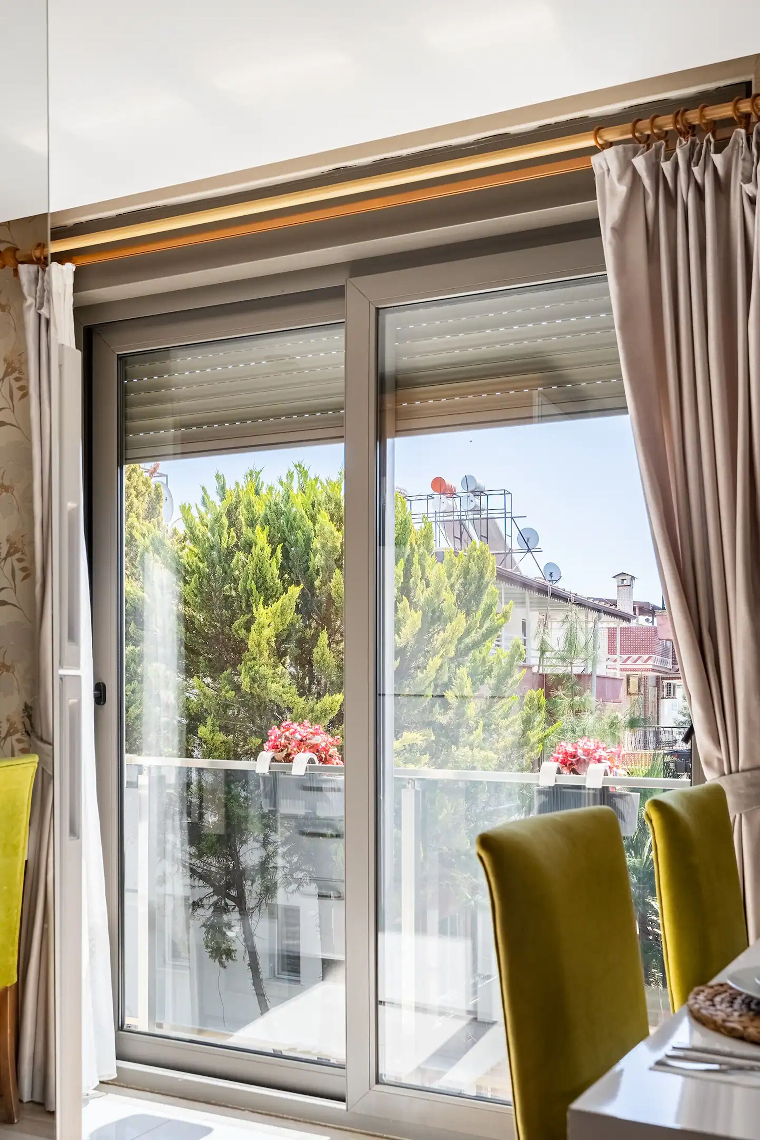 Premium bedding, desk, laptop workspace, blackout curtains