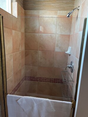 Shower, hair dryer, towels, soap