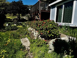 Un jardín con terraza de madera, muro de piedra y un edificio con grandes ventanales.