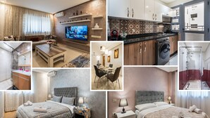 Ein Hotelzimmer mit einem großen Bett, einem Nachttisch, einem Schreibtisch, einem Sessel, einem Fernseher, einem Badezimmer mit Dusche und einer Küchenzeile.
