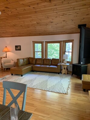 Smart TV, chimenea y libros