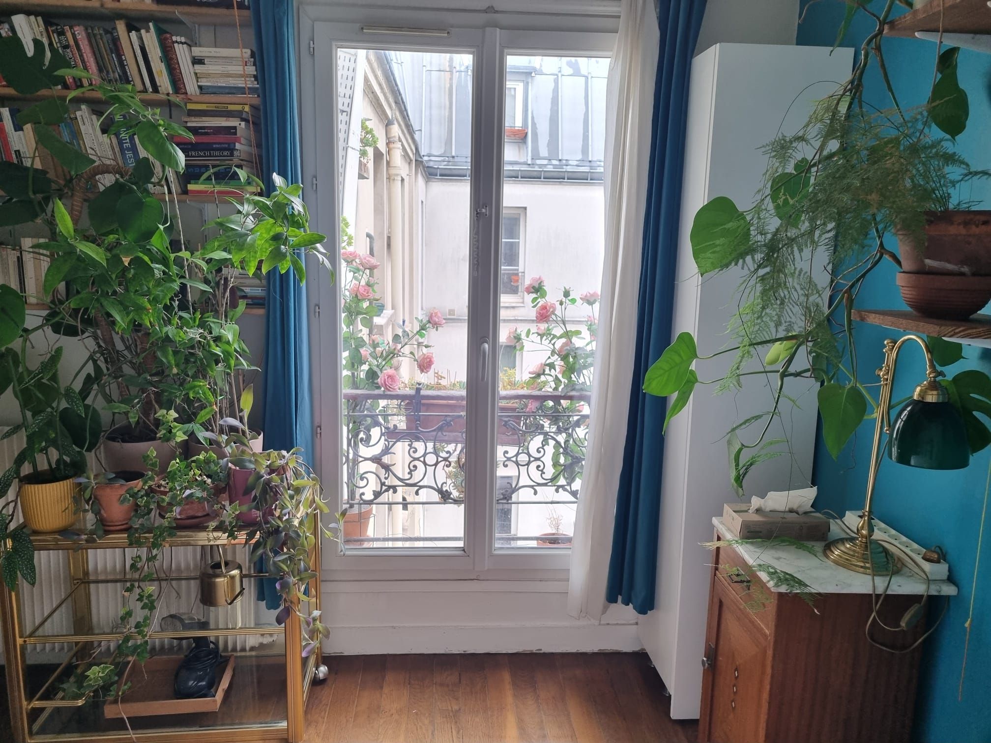 Een kamer met een boekenkast, een potplant, een raam met uitzicht op een balkon en een bureau met een lamp.