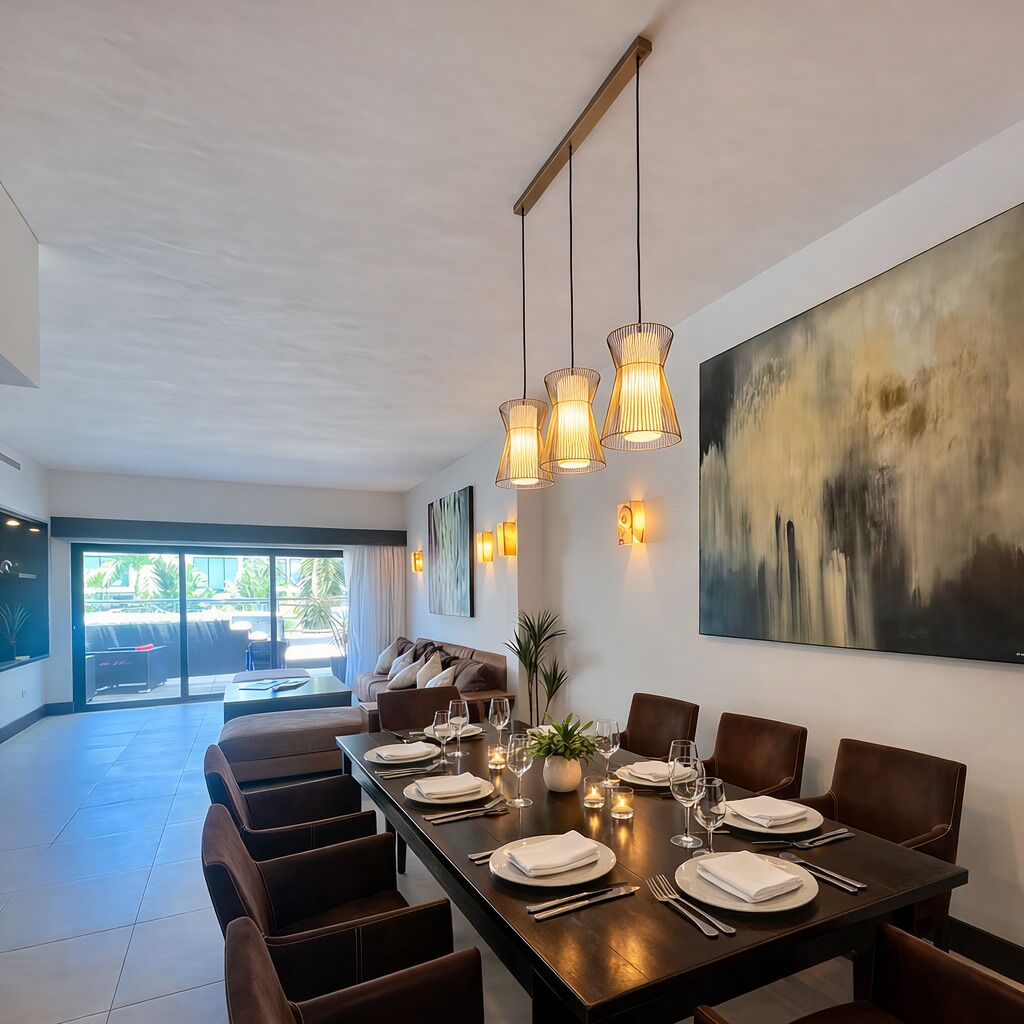 Un espace de salle à manger moderne, avec une longue table dressée pour six personnes, entourée de chaises, des luminaires suspendus au-dessus et une grande peinture abstraite accrochée au mur.