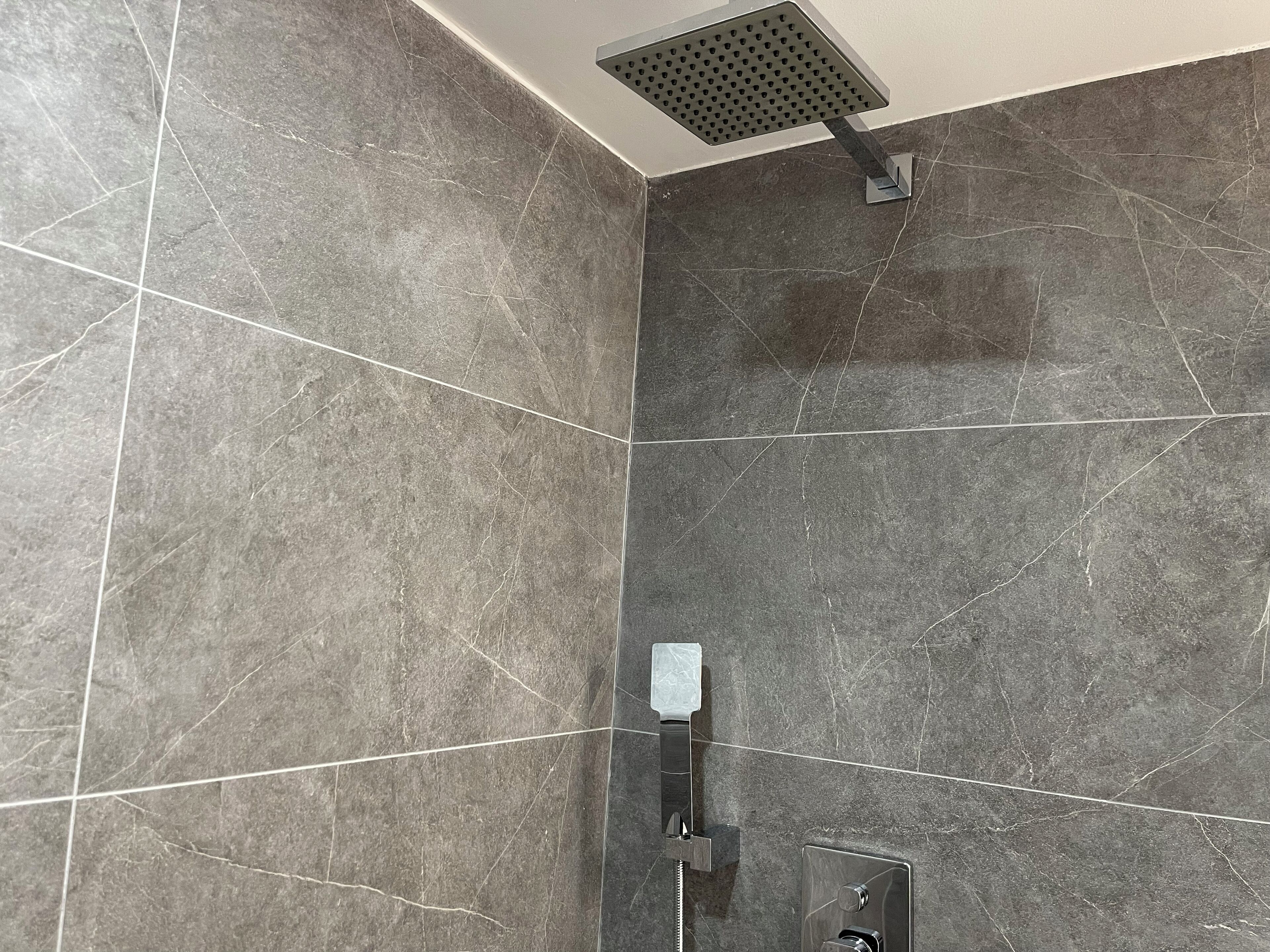 A shower area with a handheld showerhead and a wall-mounted control panel.
