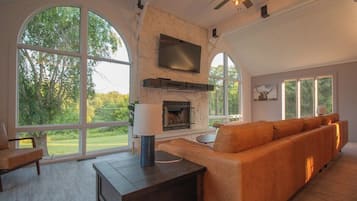 Smart TV, fireplace, video games, DVD player