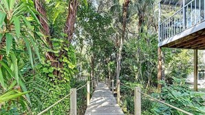 A wooden pathway flanked by dense foliage, leading to a structure with a balcony. - 1 Block to Beach | Golf Cart + Heated Pool (Holmes Beach)