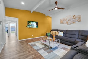Smart TV, fireplace, foosball