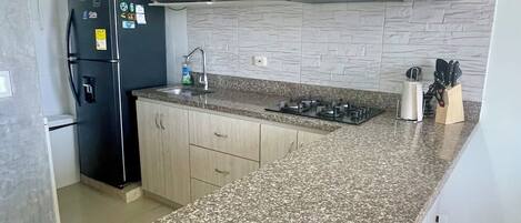 Fridge, microwave, cookware/dishes/utensils, spices