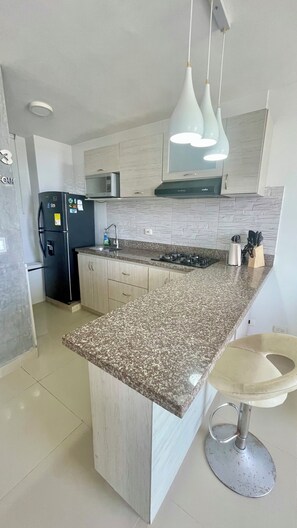 Frigorífico, microondas, utensilios de cocina y especias