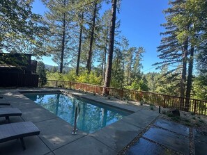 Une piscine rectangulaire dotée d’une terrasse en bois et d’une rambarde en métal, entourée de grands arbres.