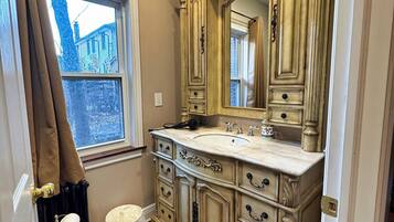 Hair dryer, towels, toilet paper