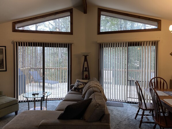 Smart TV, fireplace, books, printers