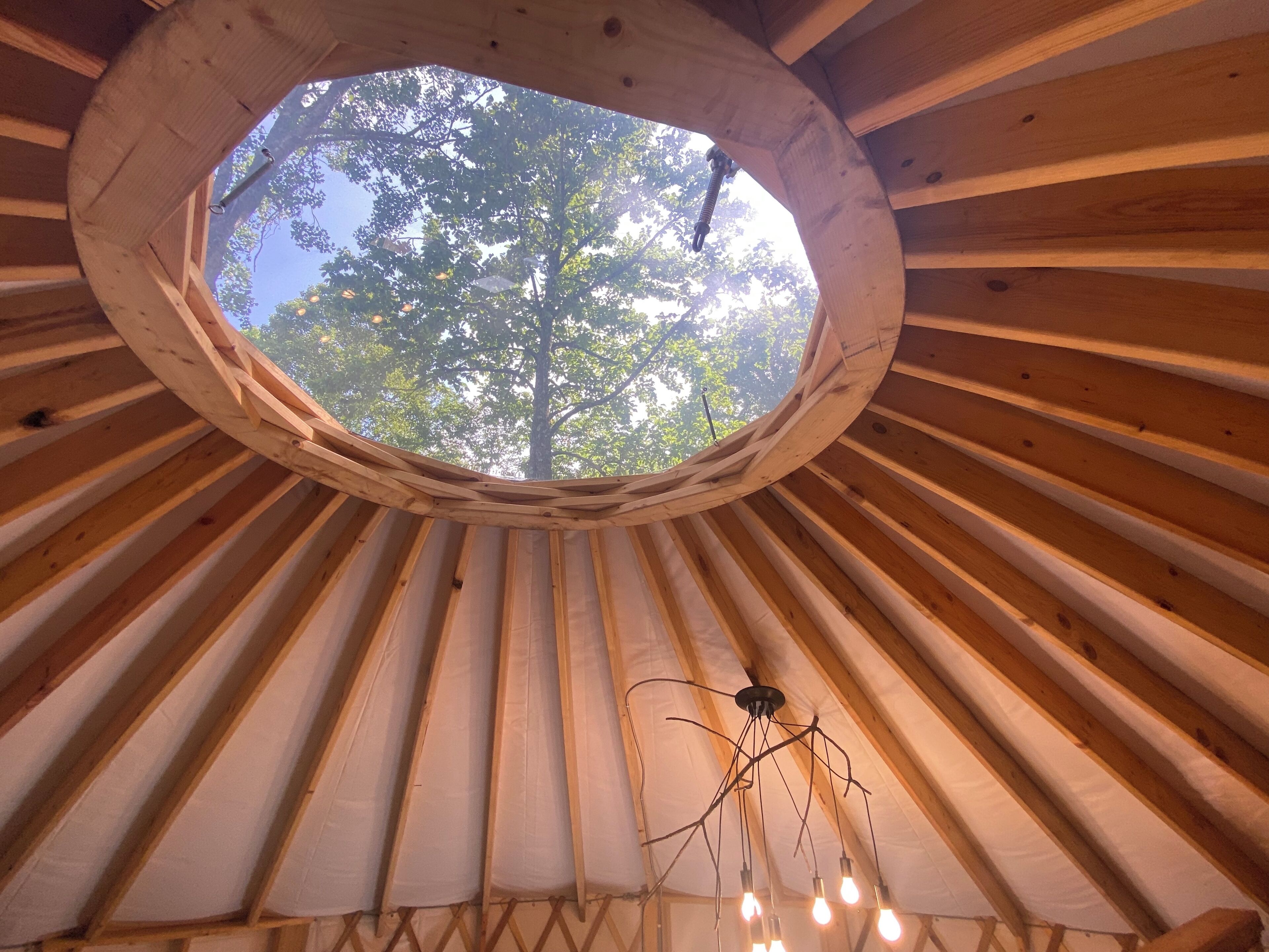 Une lucarne circulaire avec des poutres en bois rayonnant vers l’intérieur, un luminaire suspendu et une vue sur les arbres à travers la lucarne.