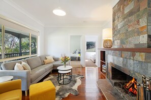 TV, fireplace, DVD player, books