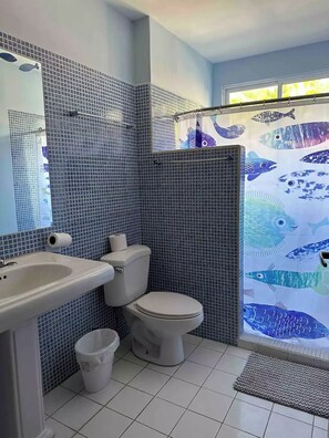 Shower, towels, soap, toilet paper