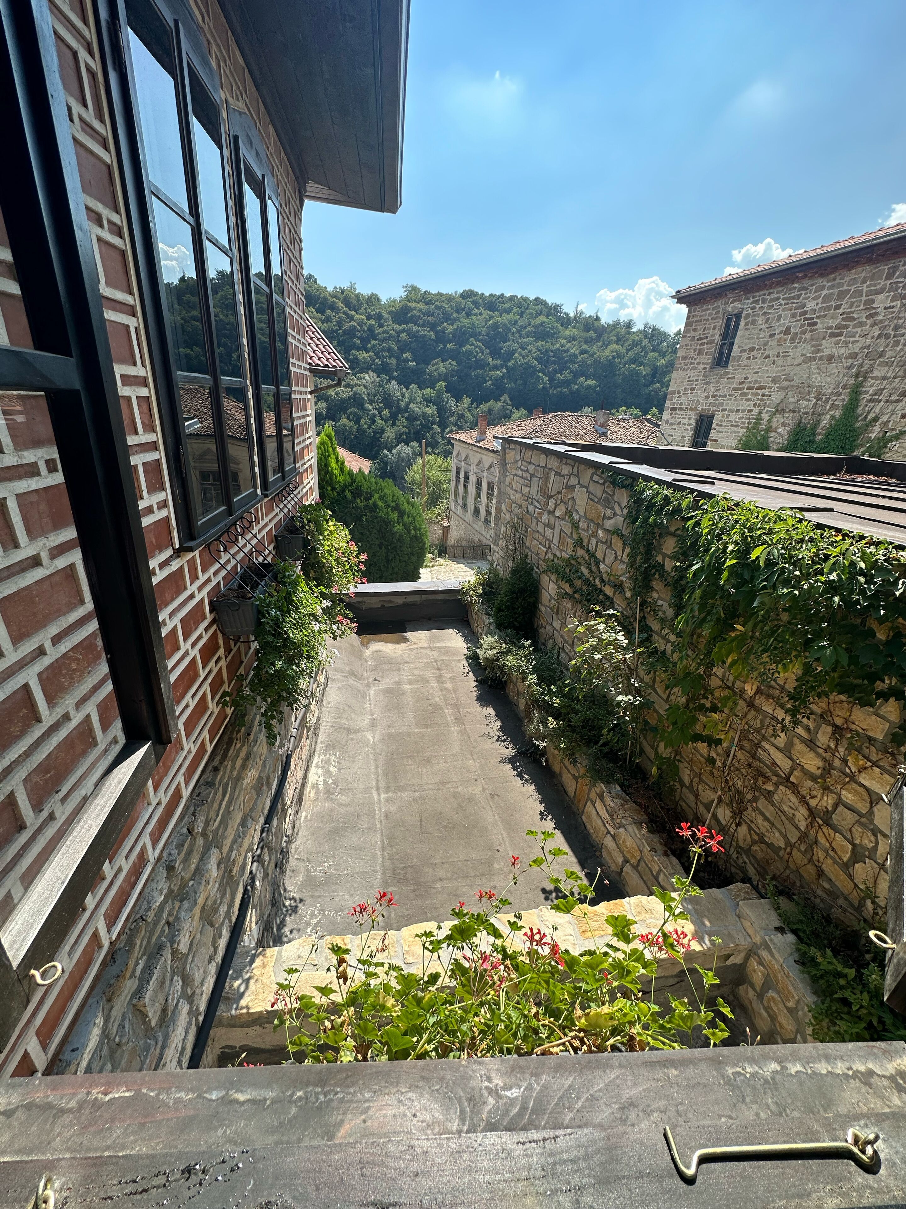 A narrow alleyway with a stone wall on one side and a brick building on the other, leading to a courtyard with a view of a forested hill.