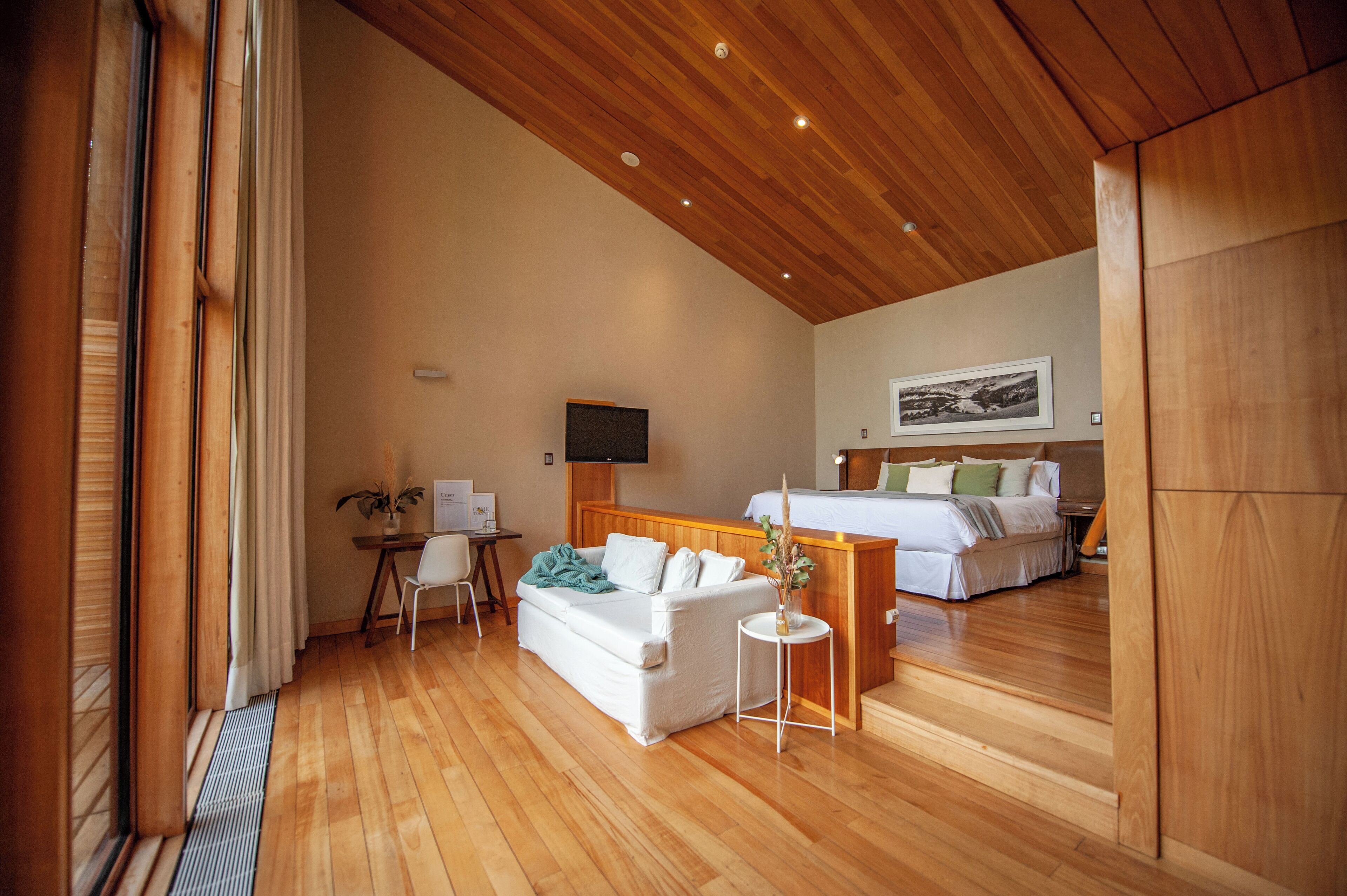 A modern hotel room with wooden flooring, a sofa, a bed, a TV, and a small table with a plant.