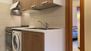 Une cuisine compacte avec des meubles en bois, un lave-linge encastré et un évier en acier inoxydable.
