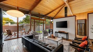 Smart TV, fireplace, books