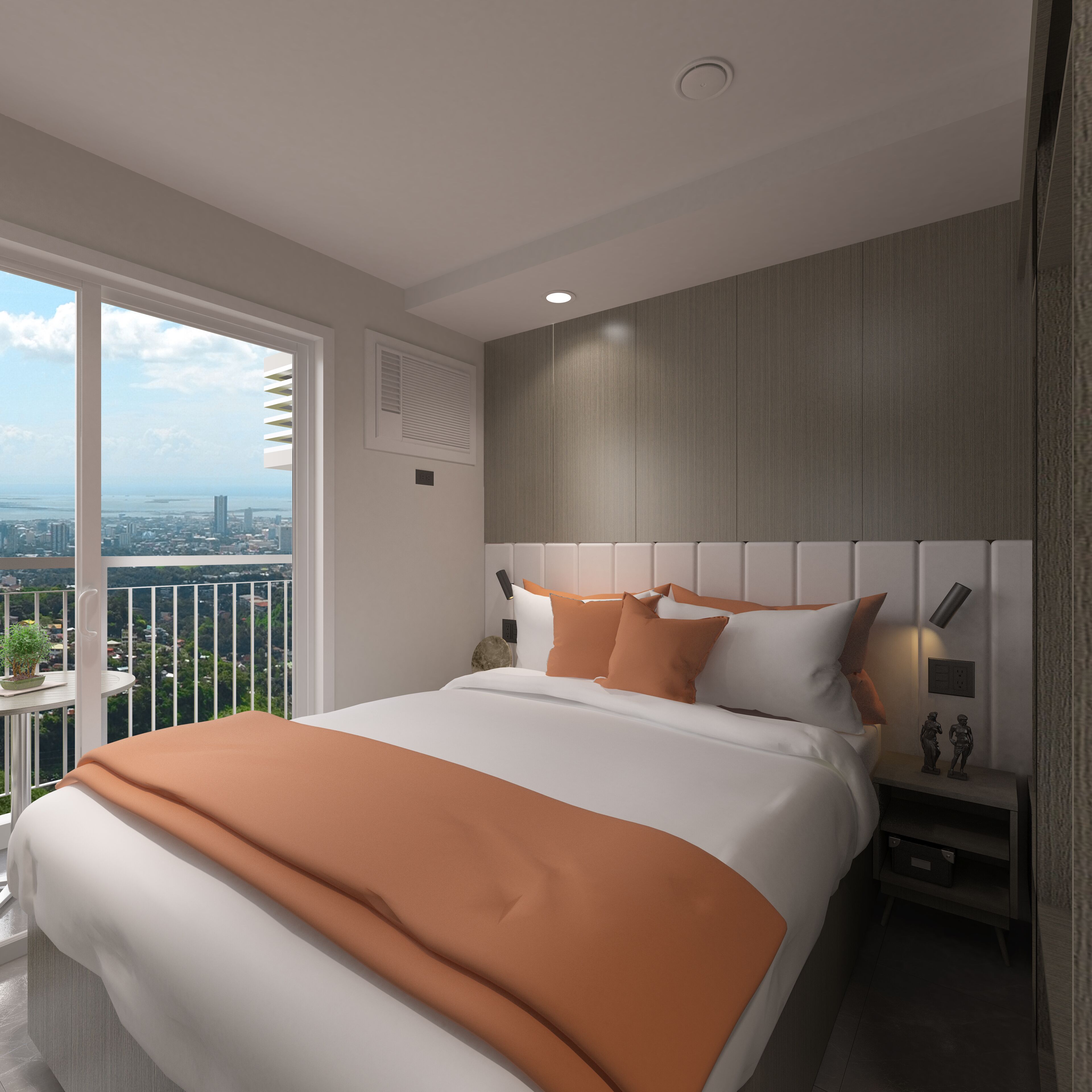 A modern bedroom with a large bed, a nightstand, a wall-mounted lamp, and a view of the city through a large window.