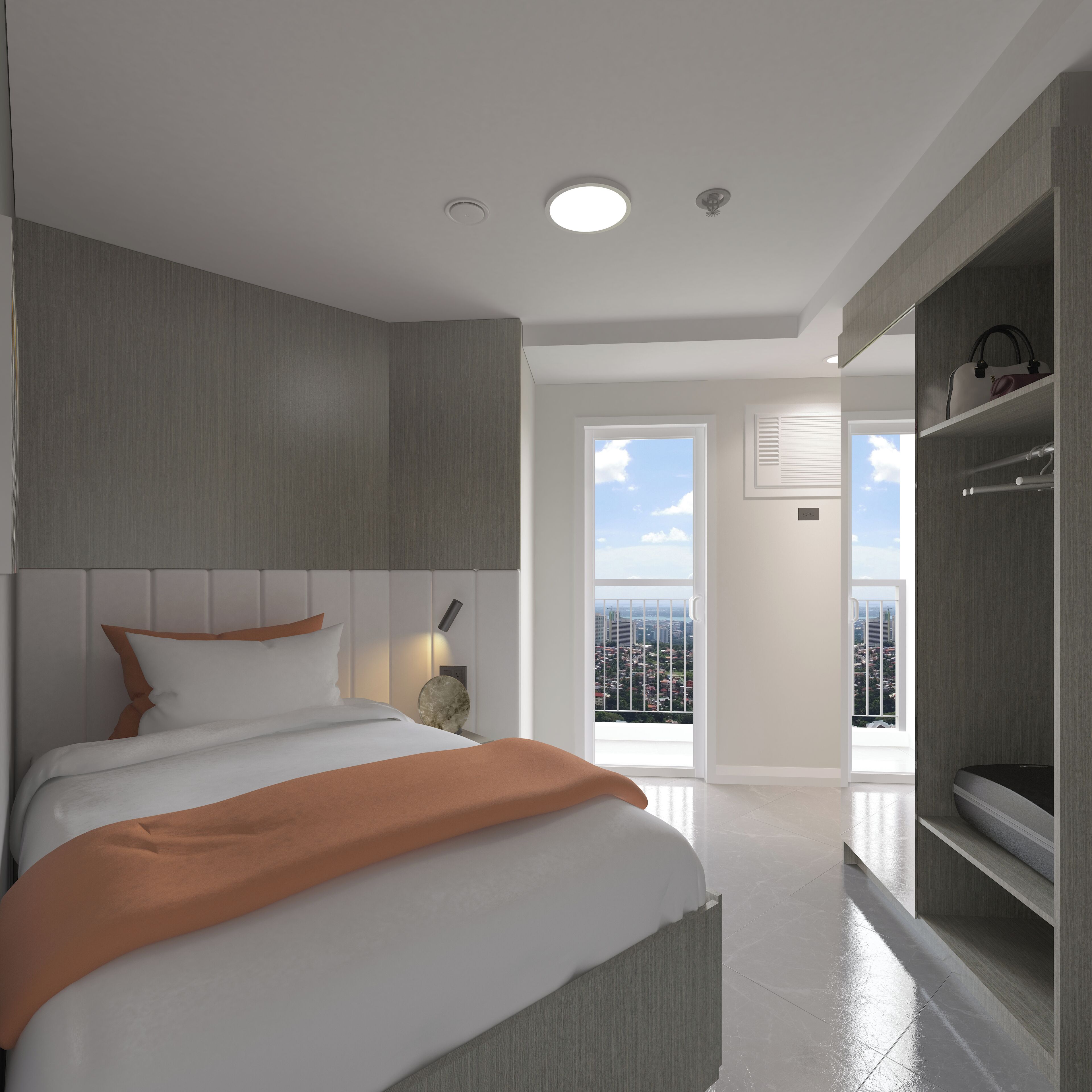 A modern bedroom with a bed, a nightstand, a wall-mounted shelf, and a balcony with a city view.