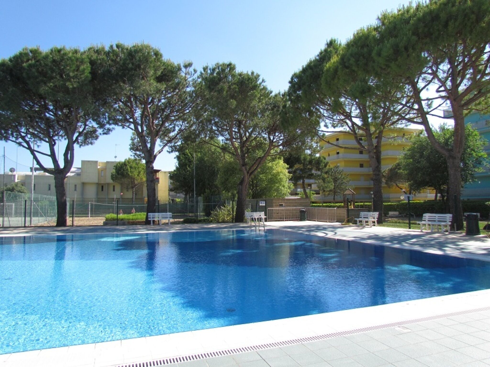 Une piscine dotée d’une terrasse carrelée, entourée d’arbres et d’une clôture.