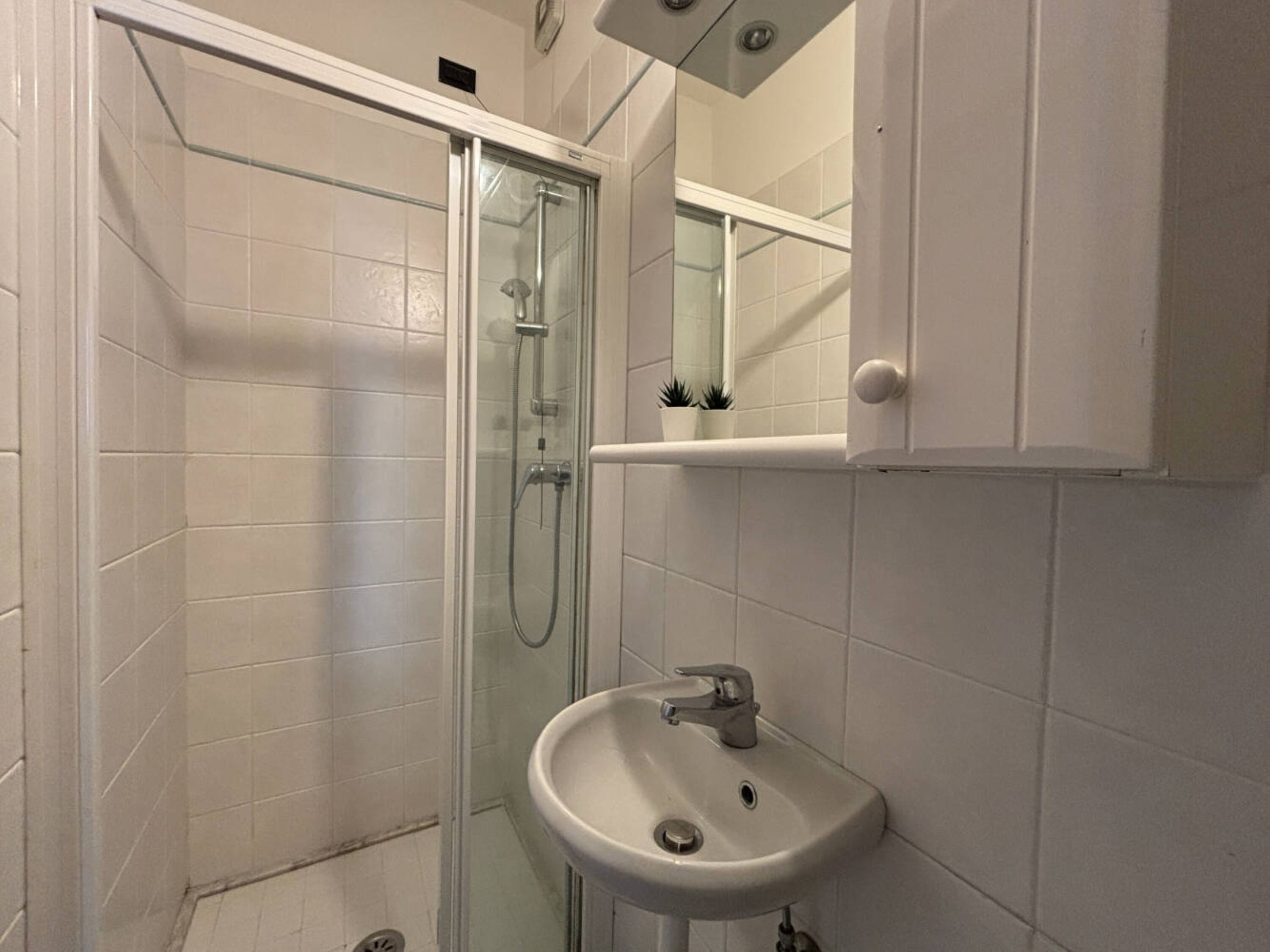 A bathroom with a glass-enclosed shower, a white sink, and a mirror above the sink.