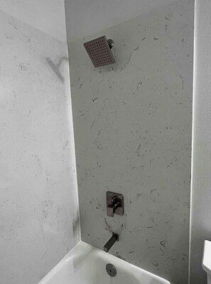Hair dryer, towels, soap, shampoo