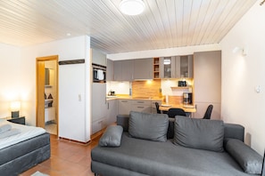 A compact living space with a kitchenette, a sofa with cushions, a small dining table, and a separate sleeping area.