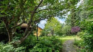 En sti gennem en have, der fører hen til en bygning med en gul facade, omgivet af frodig vegetation og træer.