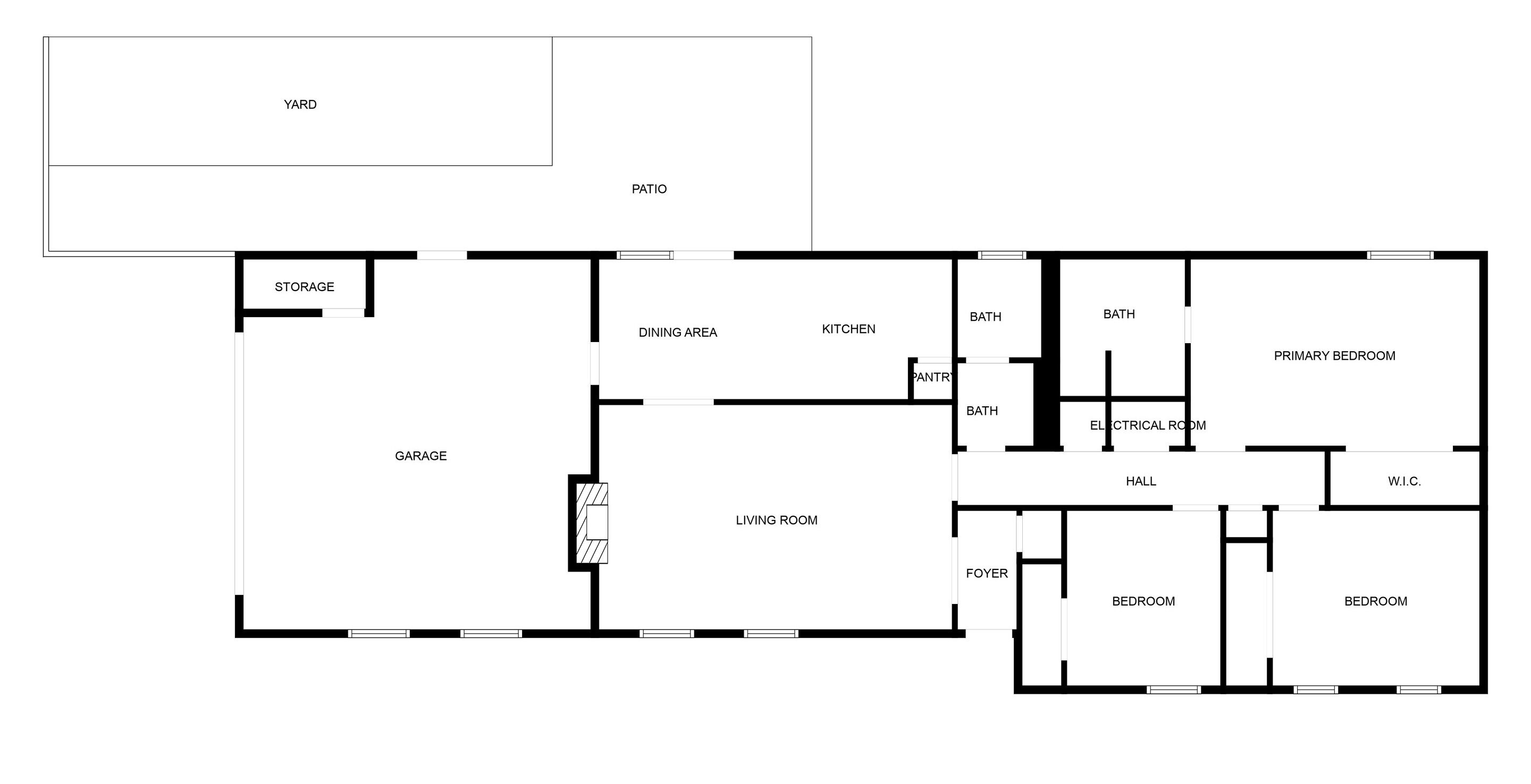 A floor plan with a yard, patio, storage, garage, dining area, kitchen, two bathrooms, primary bedroom, living room, foyer, hall, and two bedrooms.