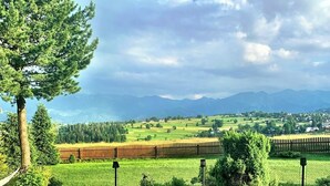 Uma área externa gramada com lareira, cadeiras de madeira e uma mesa.