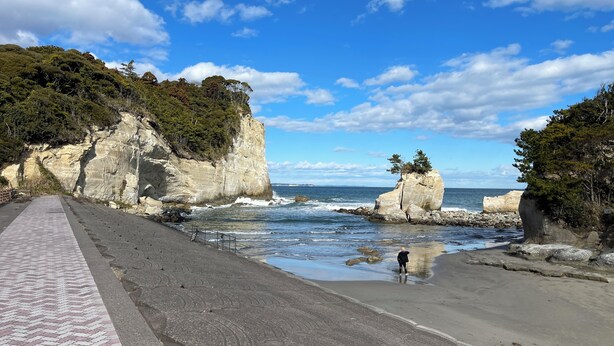Une promenade en bord de mer avec un sentier pavé, des falaises rocheuses et une plage.