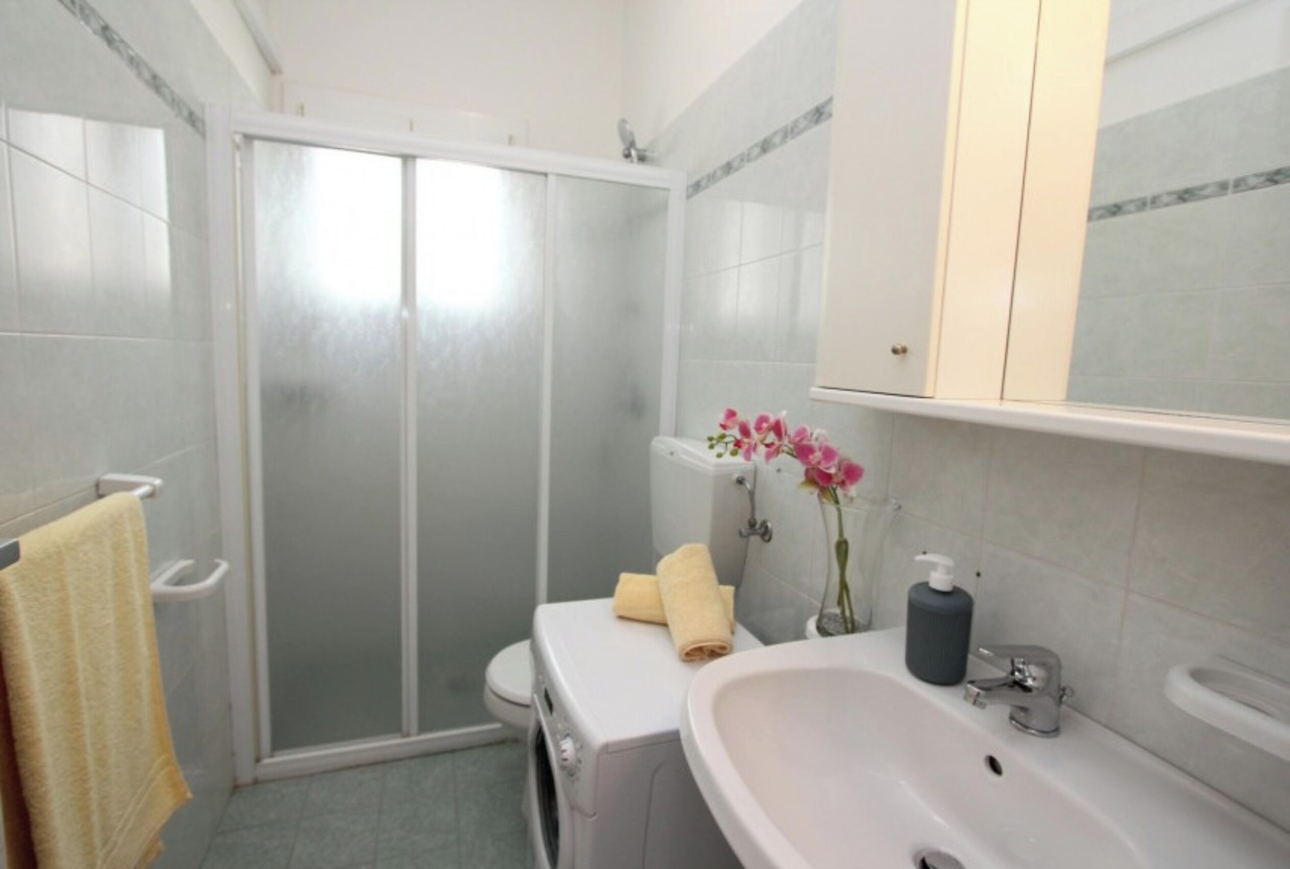 Une salle de bain équipée d’une douche, de toilettes, d’un lavabo et d’un miroir au-dessus du lavabo.