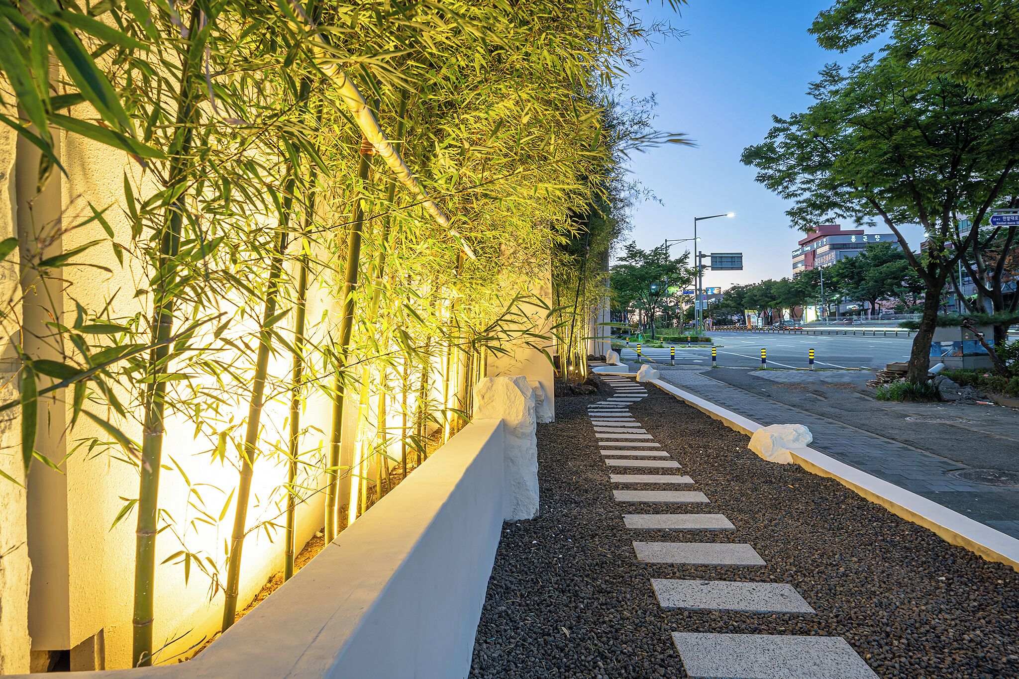 Un sendero bordeado de plantas de bambú y una pared blanca, que conduce a una calle con paso de peatones.