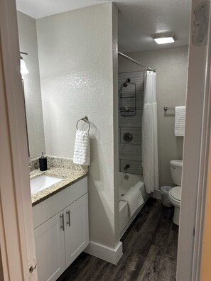 Hair dryer, towels, soap, shampoo