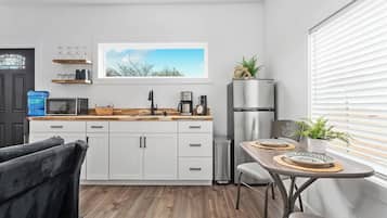 Fridge, microwave, coffee/tea maker, toaster