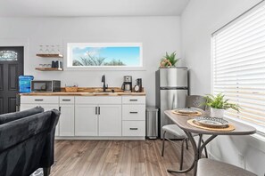 Fridge, microwave, coffee/tea maker, toaster
