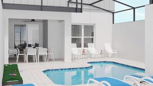 A modern indoor pool area with a dining area, lounge chairs, and a billiards table. - Vor5469aa: 4 Bed, Whimsical Forest, Pool (Orlando)