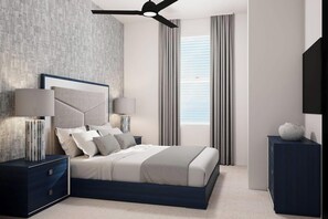A modern bedroom with a bed, nightstands, a ceiling fan, and a large window with curtains. - Vor5438cd: 5 Bed, Enchanted Castle, Pool (Orlando)