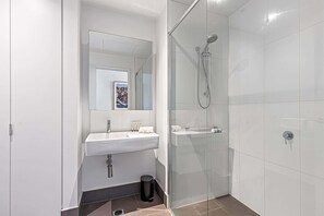 Shower, hair dryer, towels, shampoo