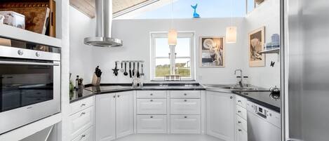 Fridge, oven, dishwasher, cookware/dishes/utensils