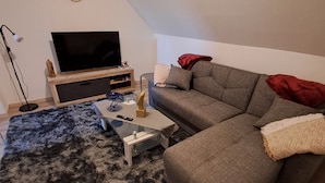 A modern living room with a sectional sofa, a flat-screen TV, a coffee table, and a fluffy rug. - Gemütliche Wohnung im Nationalpark Eifel mit Outdoor Wellnessbereich (Mechernich)