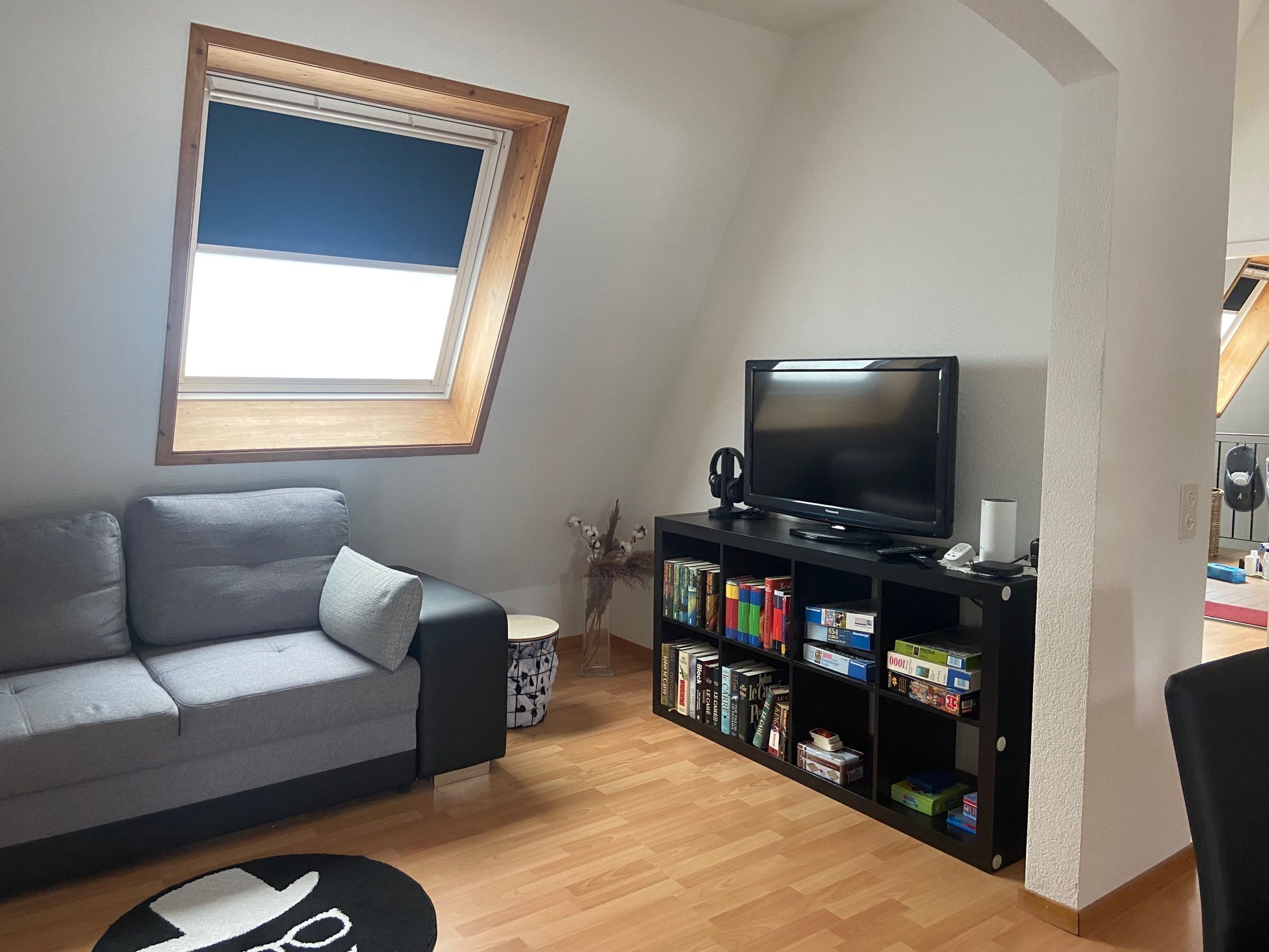 Ein Wohnzimmer mit einer Couch, einem Fernseher auf einem Schrank, einem Bücherregal und einem Fenster mit Blick.