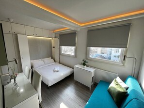 Ein kleines, modernes Schlafzimmer mit einem Bett, einem Schreibtisch, einer Heizung und einem Sofa.