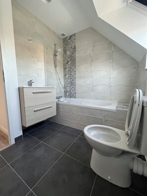Shower, hair dryer, towels