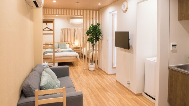 Una camera d'hotel moderna con pavimento in legno, un divano, un letto, una TV, una pianta e un angolo cottura.
