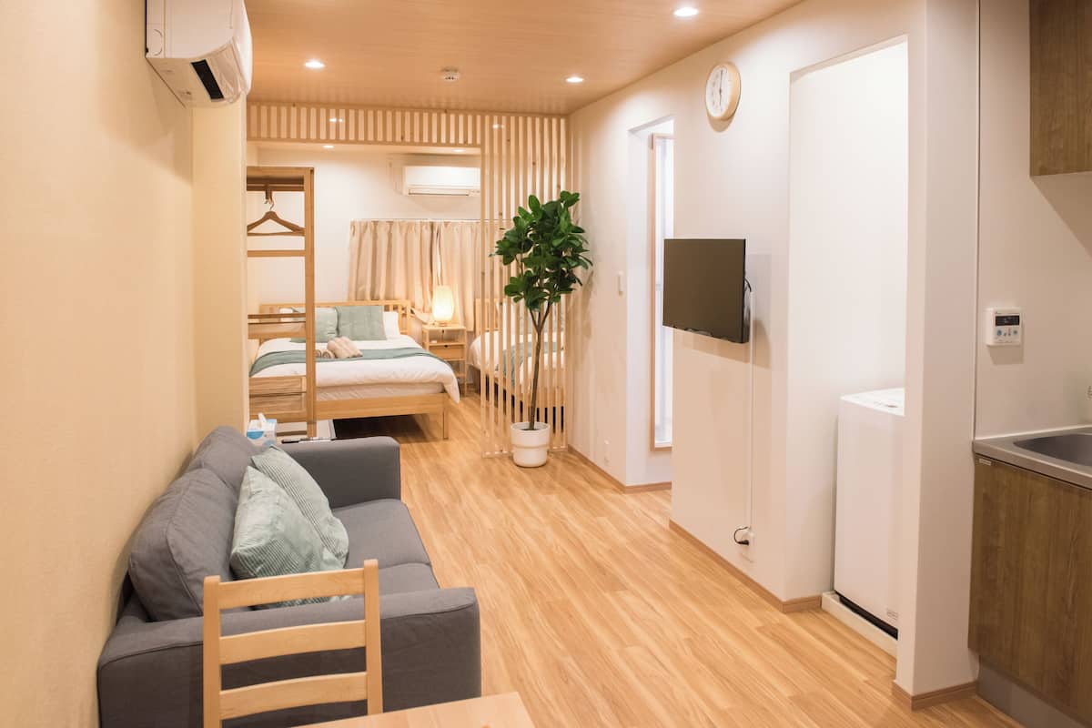 Ein modernes Hotelzimmer mit Holzboden, einer Couch, einem Bett, einem Fernseher, einer Pflanze und einer Küchenzeile.