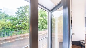 Blick aus einem Zimmer mit großen Fenstern auf eine Straße und Grünflächen.