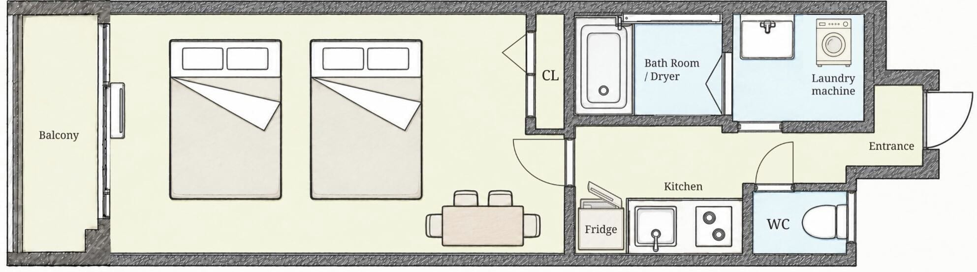 A floor plan with a balcony, two bedrooms, a bathroom, a laundry machine, a kitchen, a WC, and a fridge.